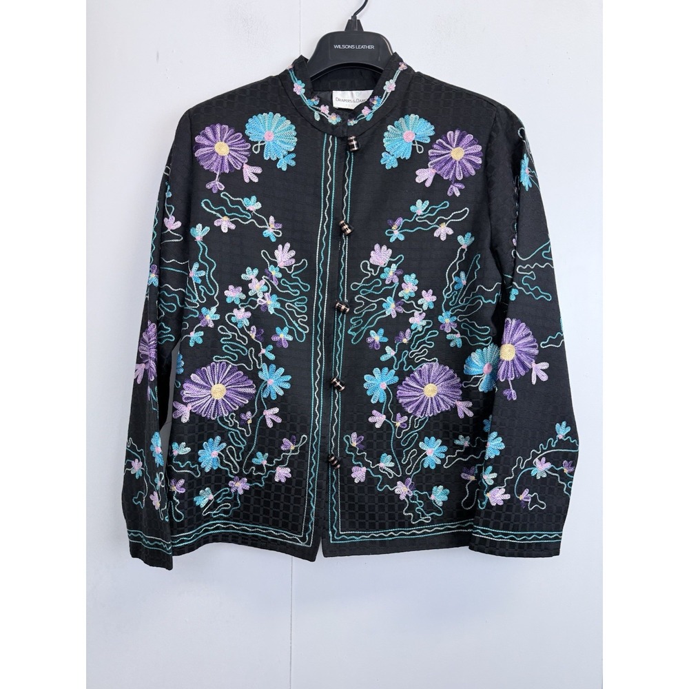 Drapers & Damons Jacket Women's PS Black Floral Embroidered Glass Buttons